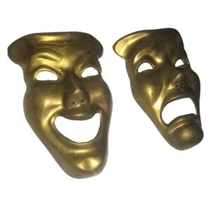 Set Of 2 Sad & Happy Vintage Brass Opera Mask Wall Decor Pieces
